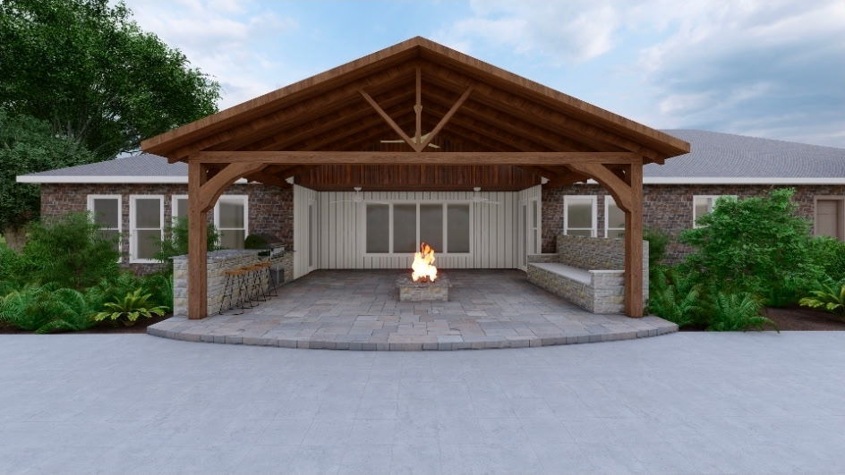 3D design rendering of a gable pavilion with fire pit