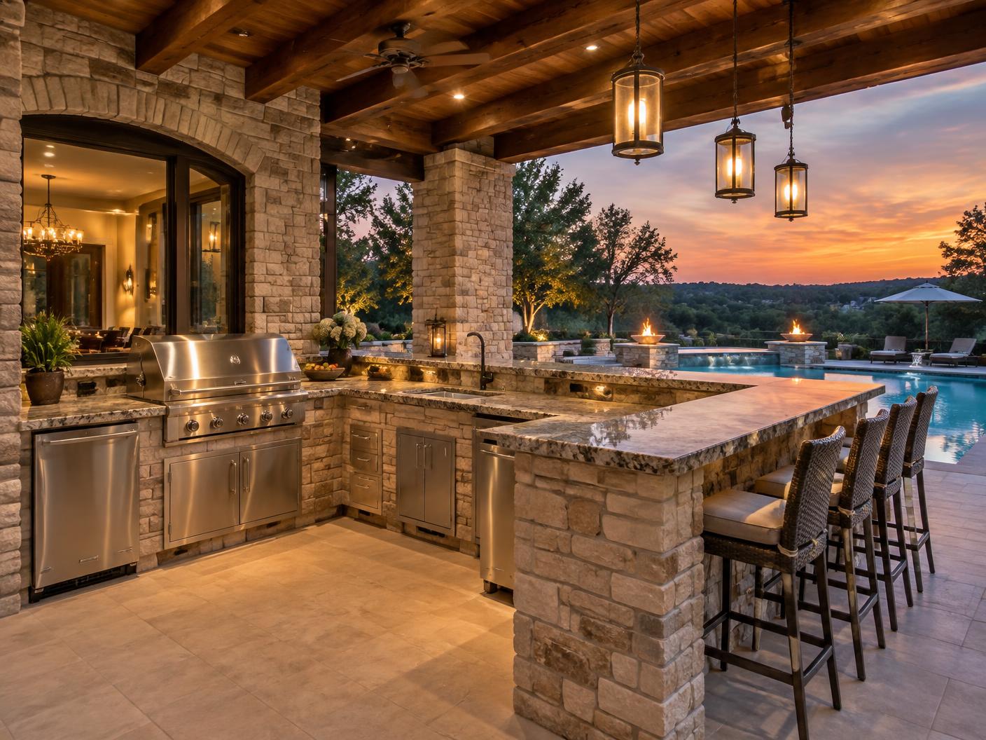 High-end natural stone outdoor entertaining kitchen overlooking a luxury Texas pool